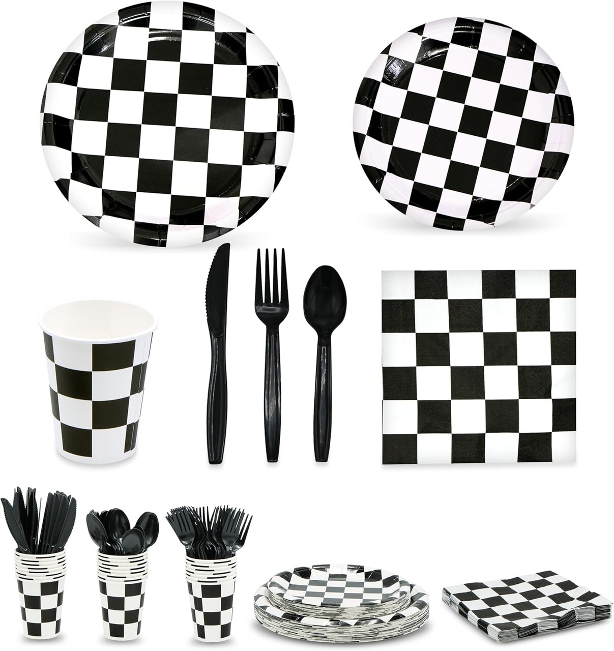4E's Novelty 24 Pcs Checkered Party Supplies and Accessories like Checkered Flag Plates, Checkered Paper Cups, Checkered Flag Napkins, Cutlery - Race Car Party Plates For Different Special Occasions